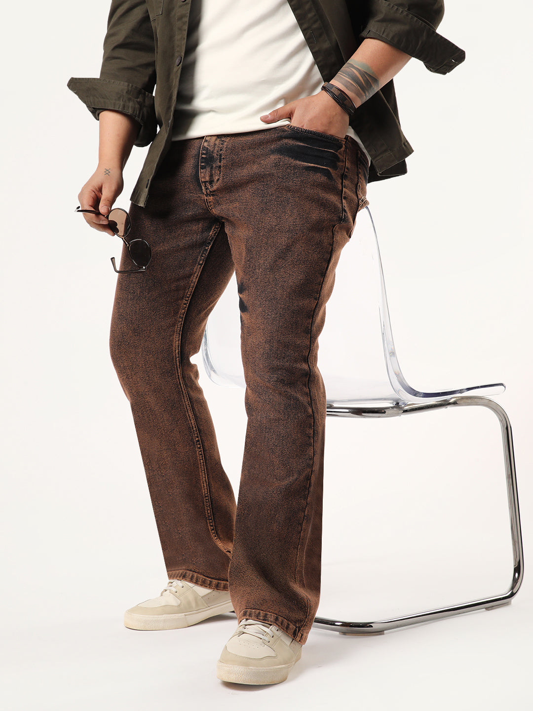 Plus Men's Light Brown Bootcut Fit Mid Rise Acid Wash Jeans Stretchable