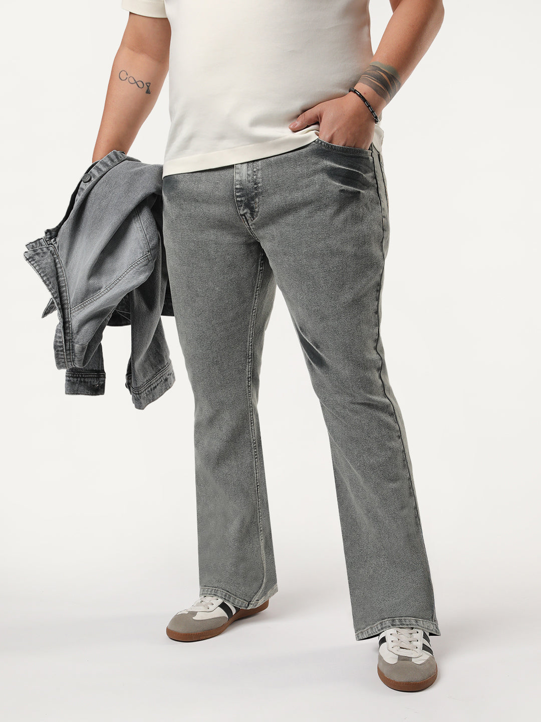 Plus Men's Light Grey Bootcut Fit Mid Rise Acid Wash Jeans Stretchable
