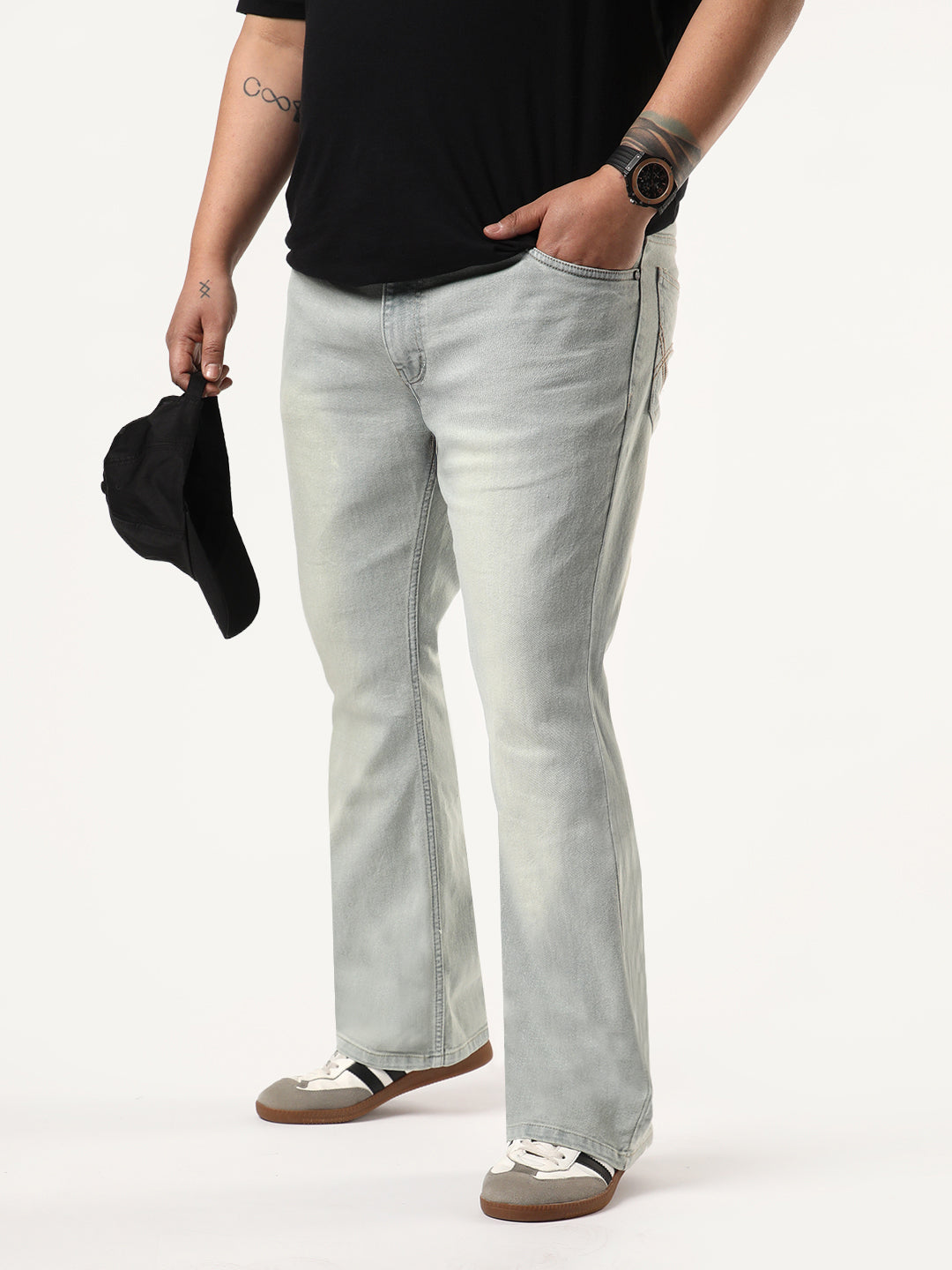 Plus Men's Ice Grey Bootcut Fit Mid Rise Tinted Heavy Washed Jeans Stretchable