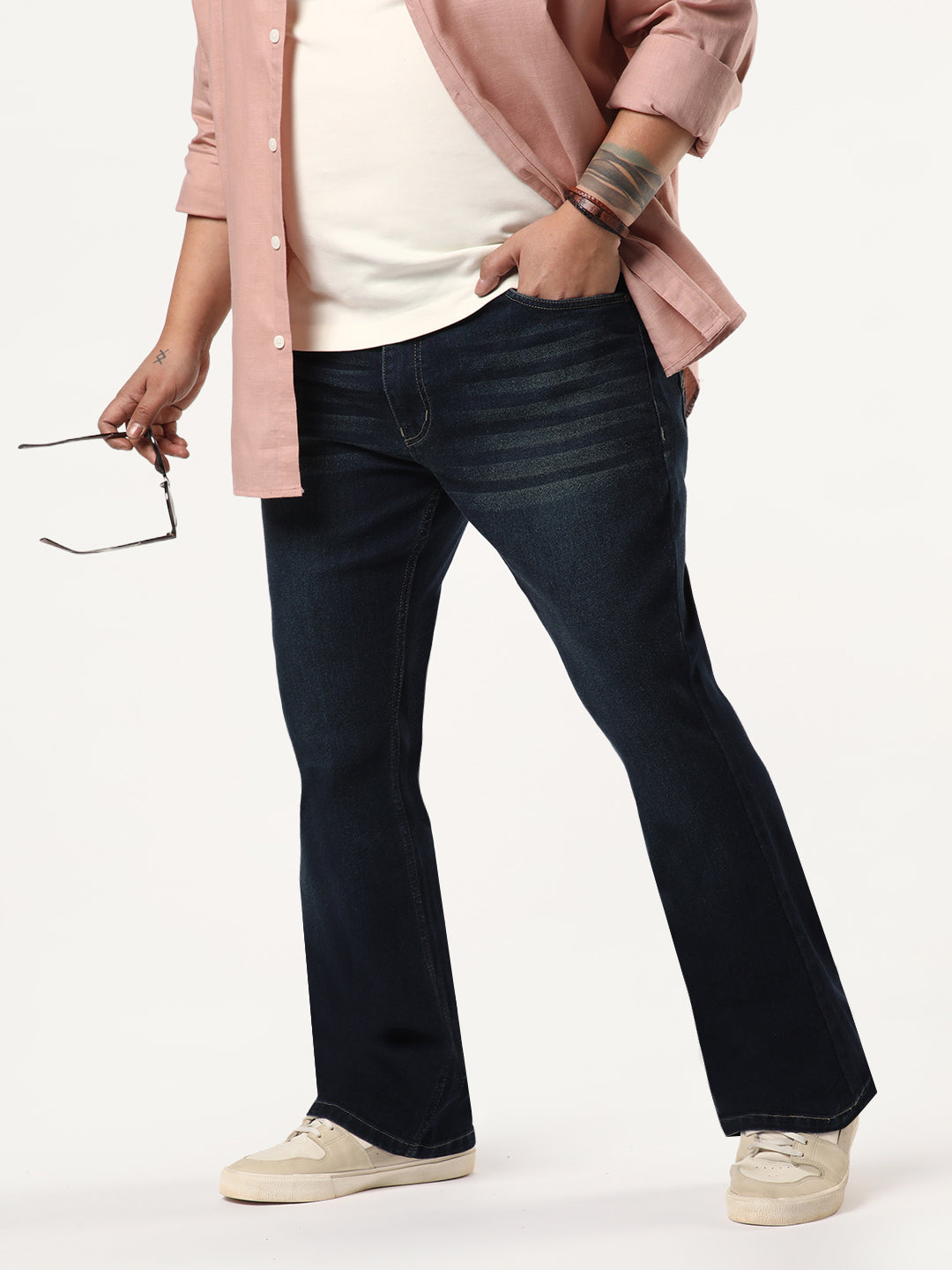 Plus Men's Dark Blue Bootcut Fit Mid Rise Heavy Washed Jeans Stretchable