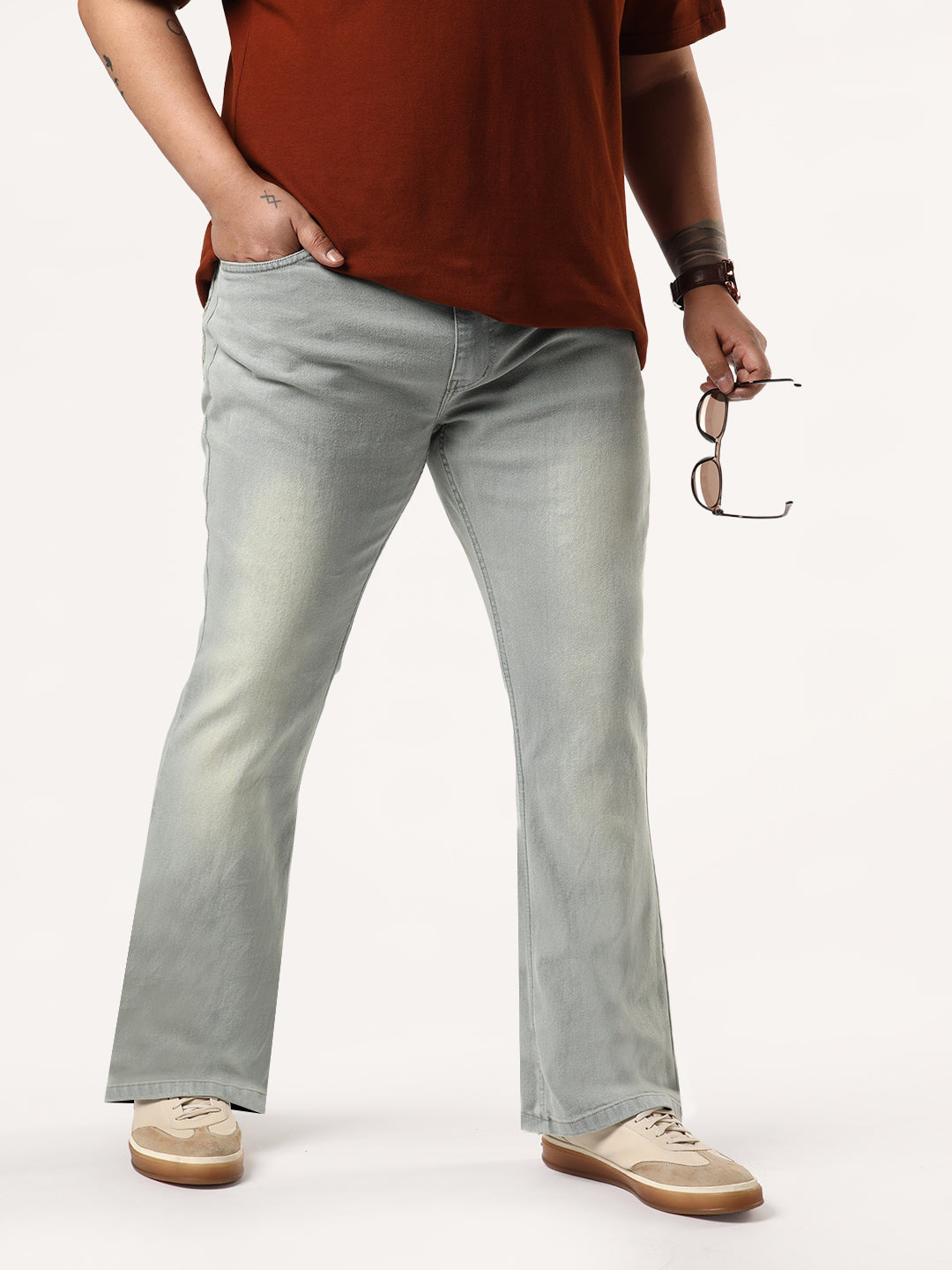 Plus Men's Ice Grey Bootcut Fit Mid Rise Heavy Washed Jeans Stretchable