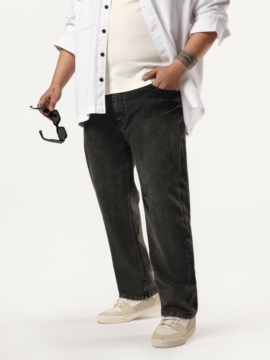 Plus Men's Black Regular Fit Acid Washed Denim Jeans Stretchable