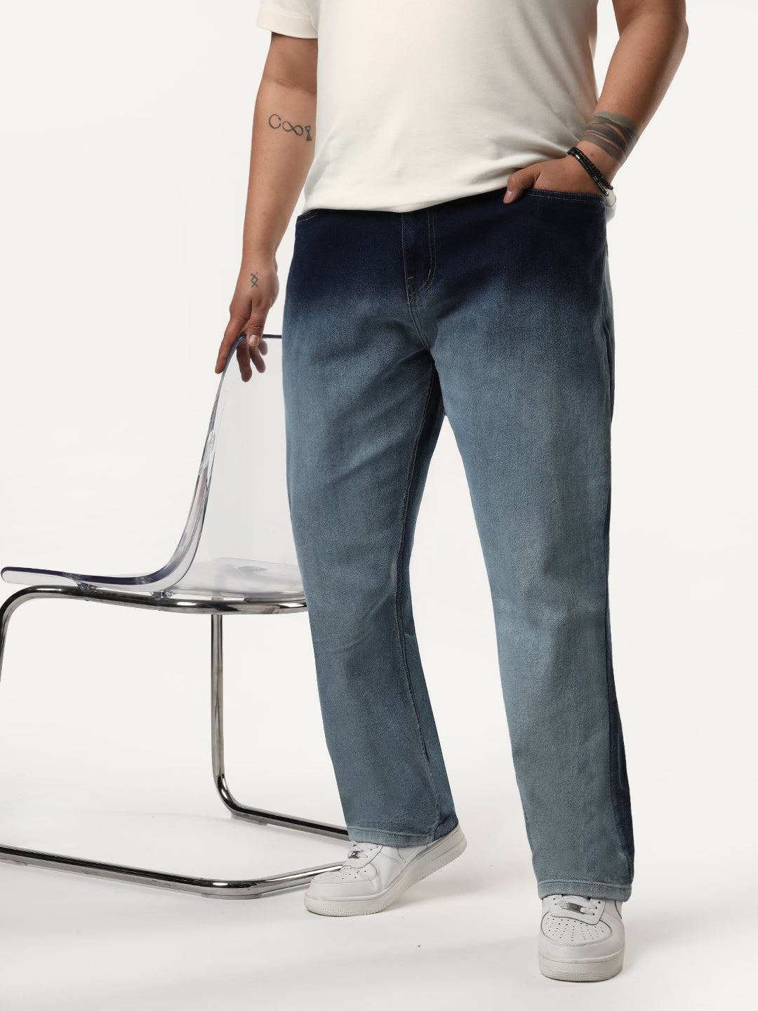 Plus Men's Dark Blue Straight Fit Heavy Washed Faded Denim Jeans Stretchable