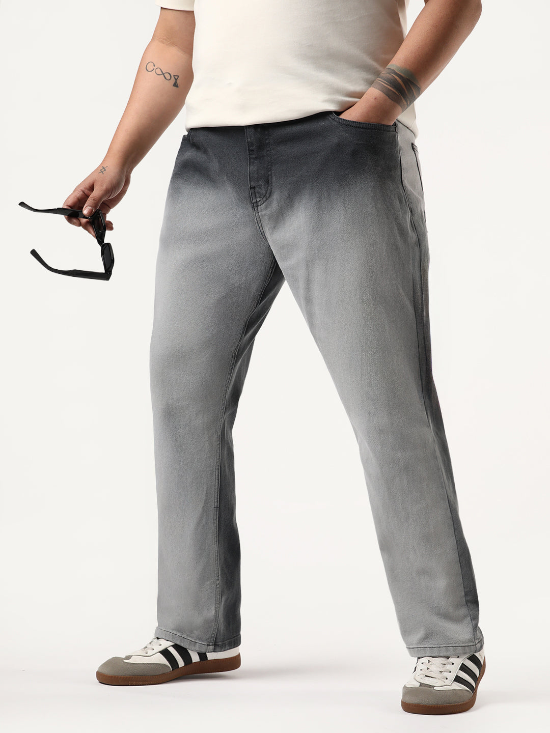 Plus Men's Dark Grey Straight Fit Heavy Washed Faded Denim Jeans Stretchable