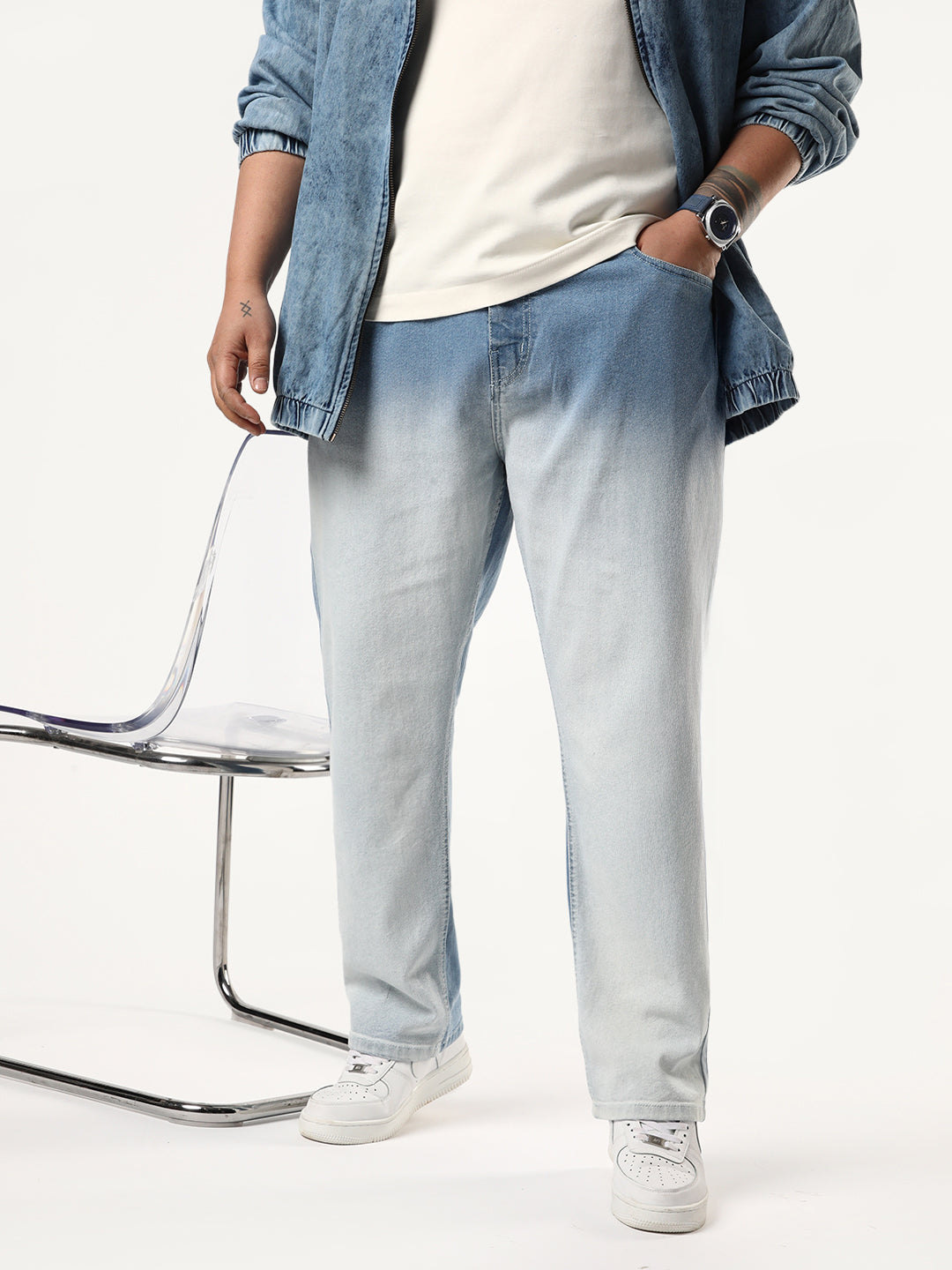 Plus Men's Ice Blue Straight Fit Heavy Washed Faded Denim Jeans Stretchable