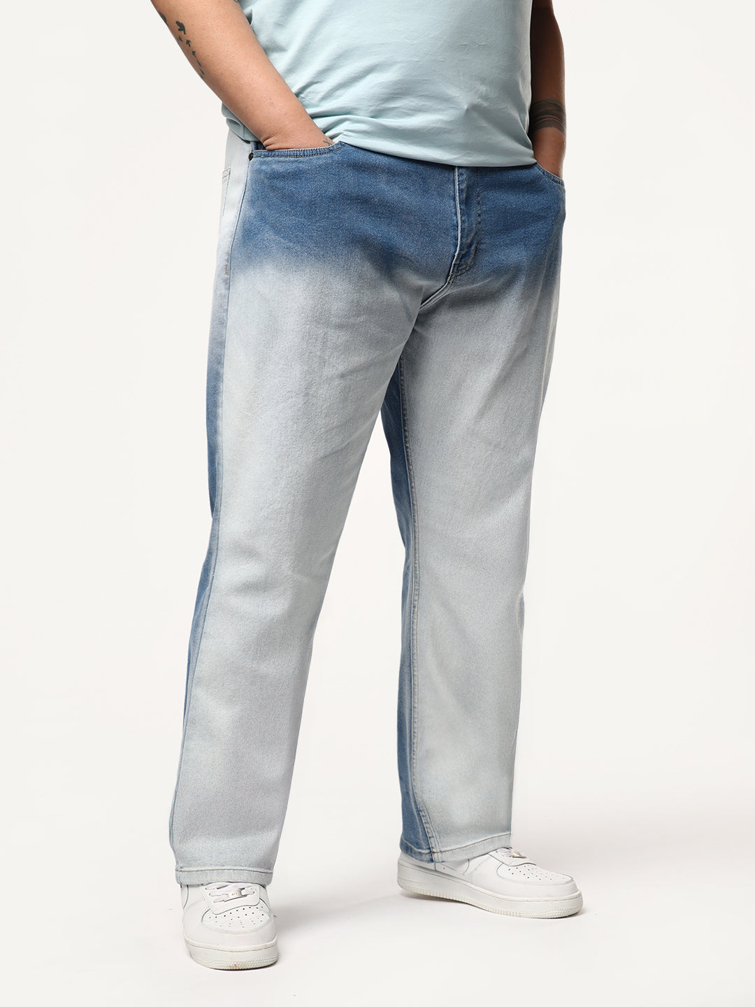 Plus Men's Light Blue Straight Fit Heavy Washed Faded Denim Jeans Stretchable
