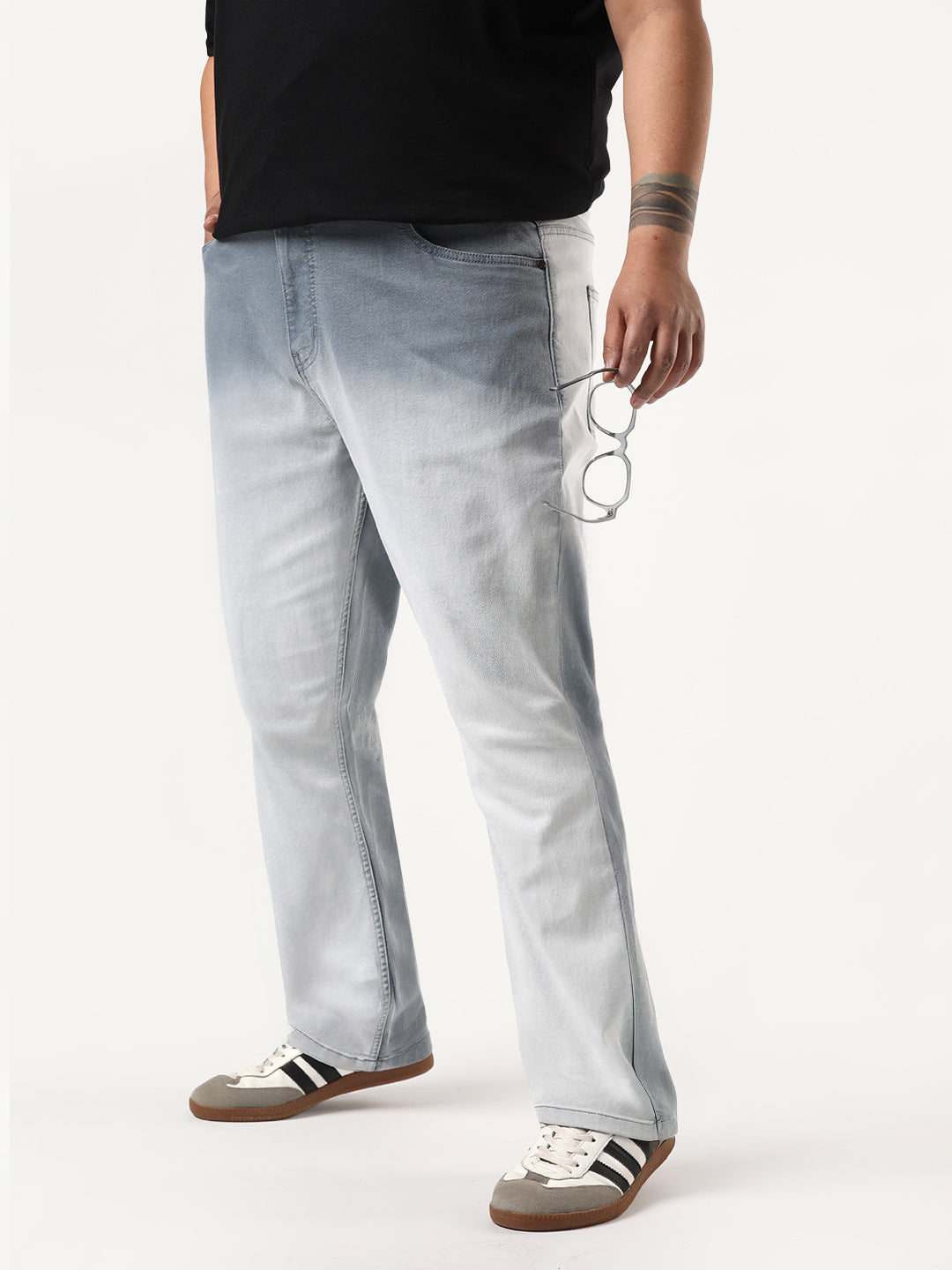 Plus Men's Light Grey Straight Fit Heavy Washed Faded Denim Jeans Stretchable