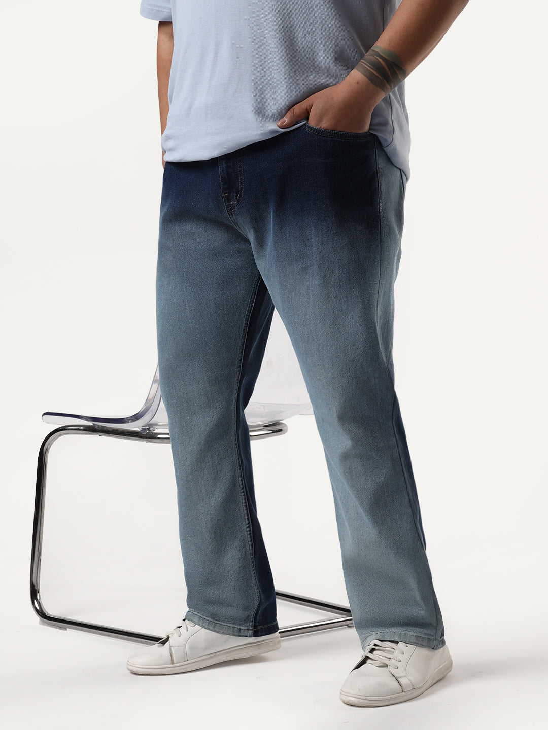 Plus Men's Blue Straight Fit Heavy Washed Faded Denim Jeans Stretchable