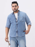 Plus Men's Ice Blue Regular Fit Full Sleeve Washed Denim Shirt