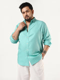 Plus Men's Light Teal Linen Blend Full Sleeve Relaxed Fit Casual Solid Shirt