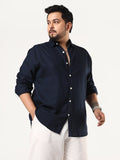 Plus Men's Navy Linen Blend Full Sleeve Relaxed Fit Casual Solid Shirt