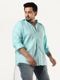 Plus Men's Sky Blue Linen Blend Full Sleeve Relaxed Fit Casual Solid Shirt
