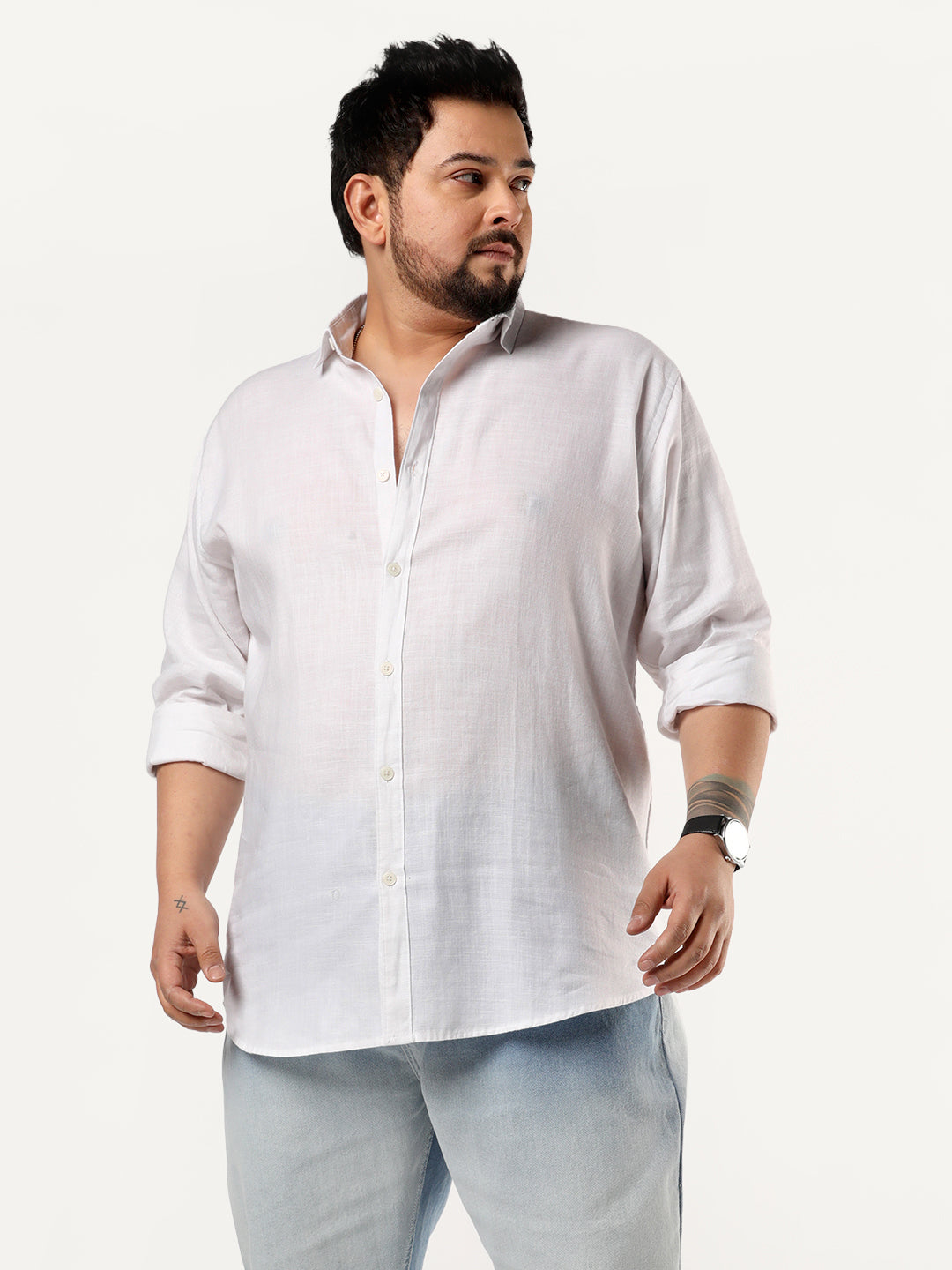 Plus Men's White Linen Blend Full Sleeve Relaxed Fit Casual Solid Shirt