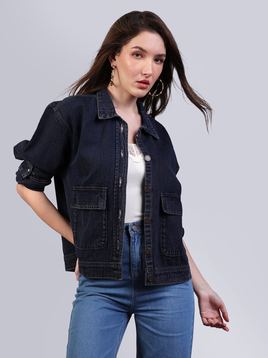 Women's Dark Blue Relaxed Fit Full Sleeve Utility Denim Jacket