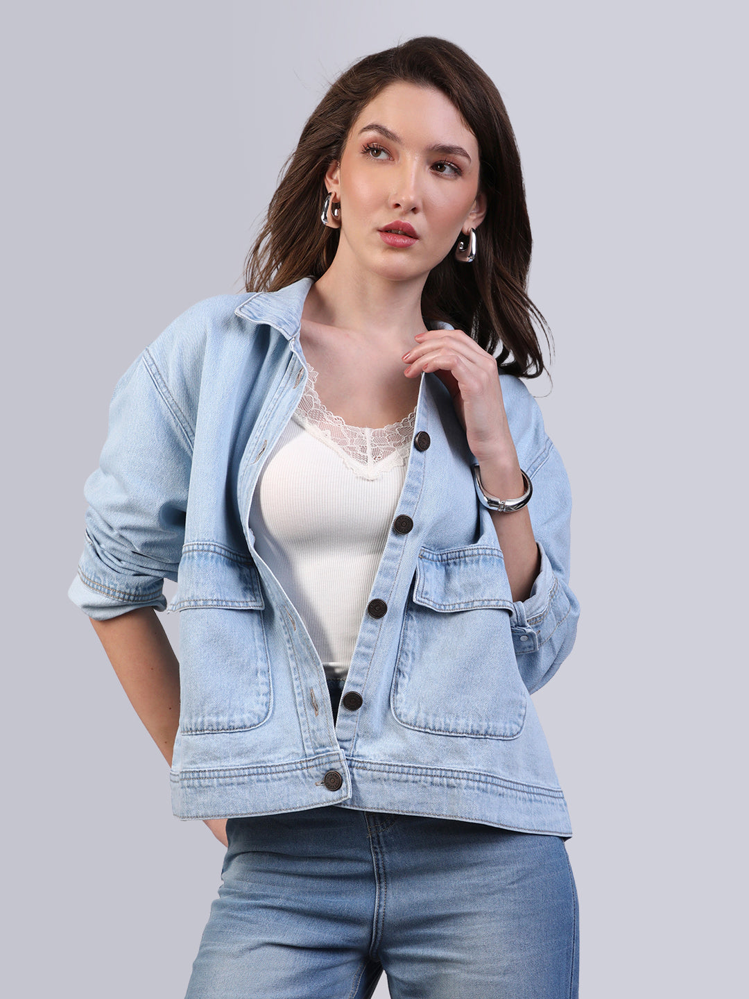 Women's Ice Blue Relaxed Fit Full Sleeve Utility Denim Jacket
