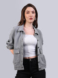 Women's Ice Grey Relaxed Fit Full Sleeve Utility Denim Jacket