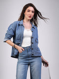 Women's Light Blue Relaxed Fit Full Sleeve Utility Denim Jacket