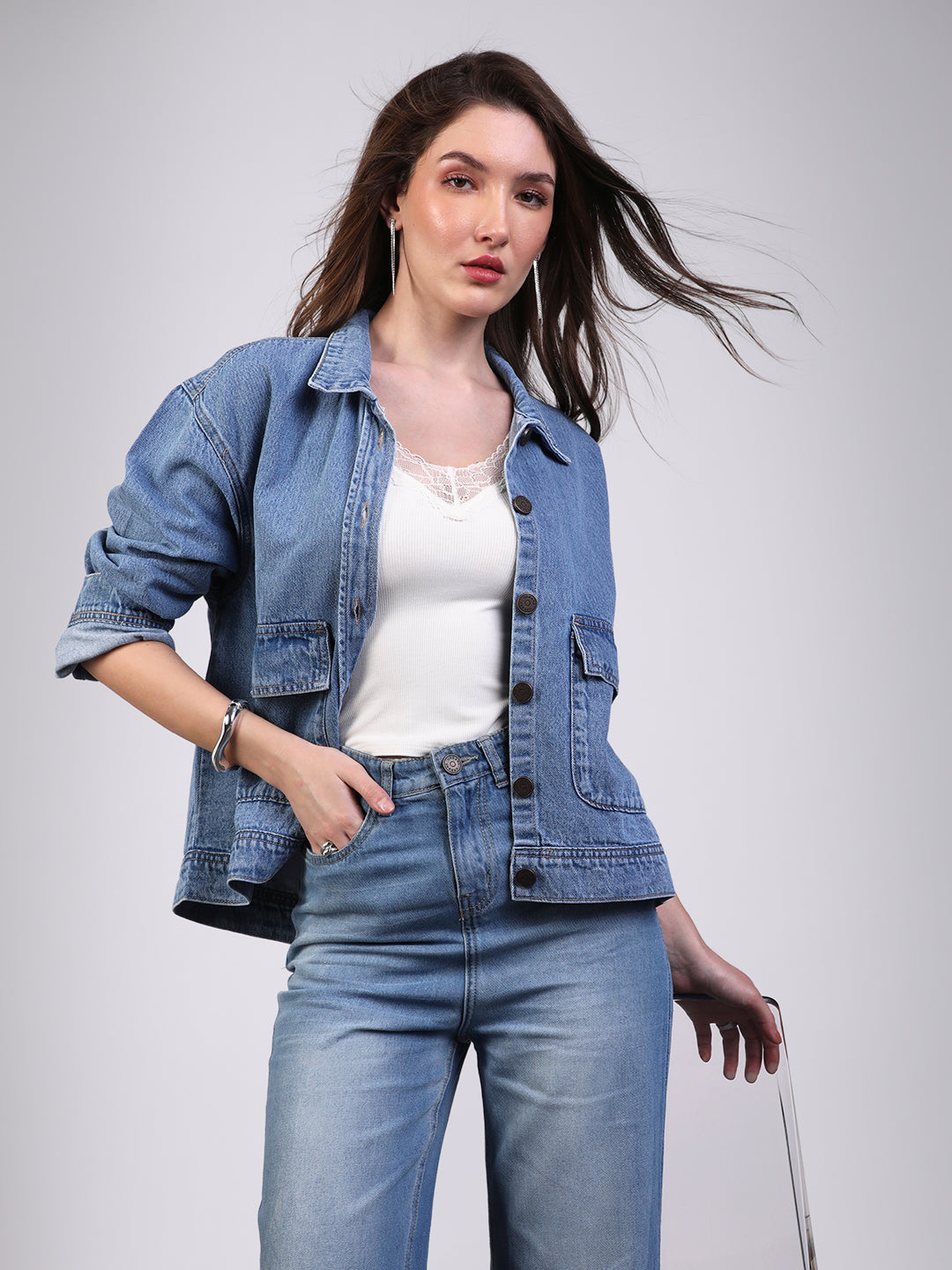 Women's Light Blue Relaxed Fit Full Sleeve Utility Denim Jacket