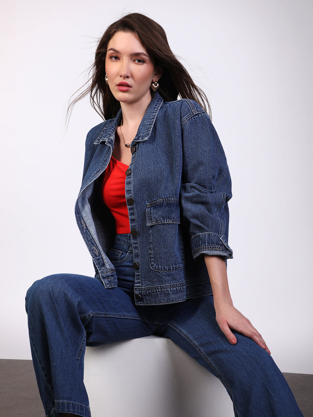 Women's Blue Relaxed Fit Full Sleeve Utility Denim Jacket