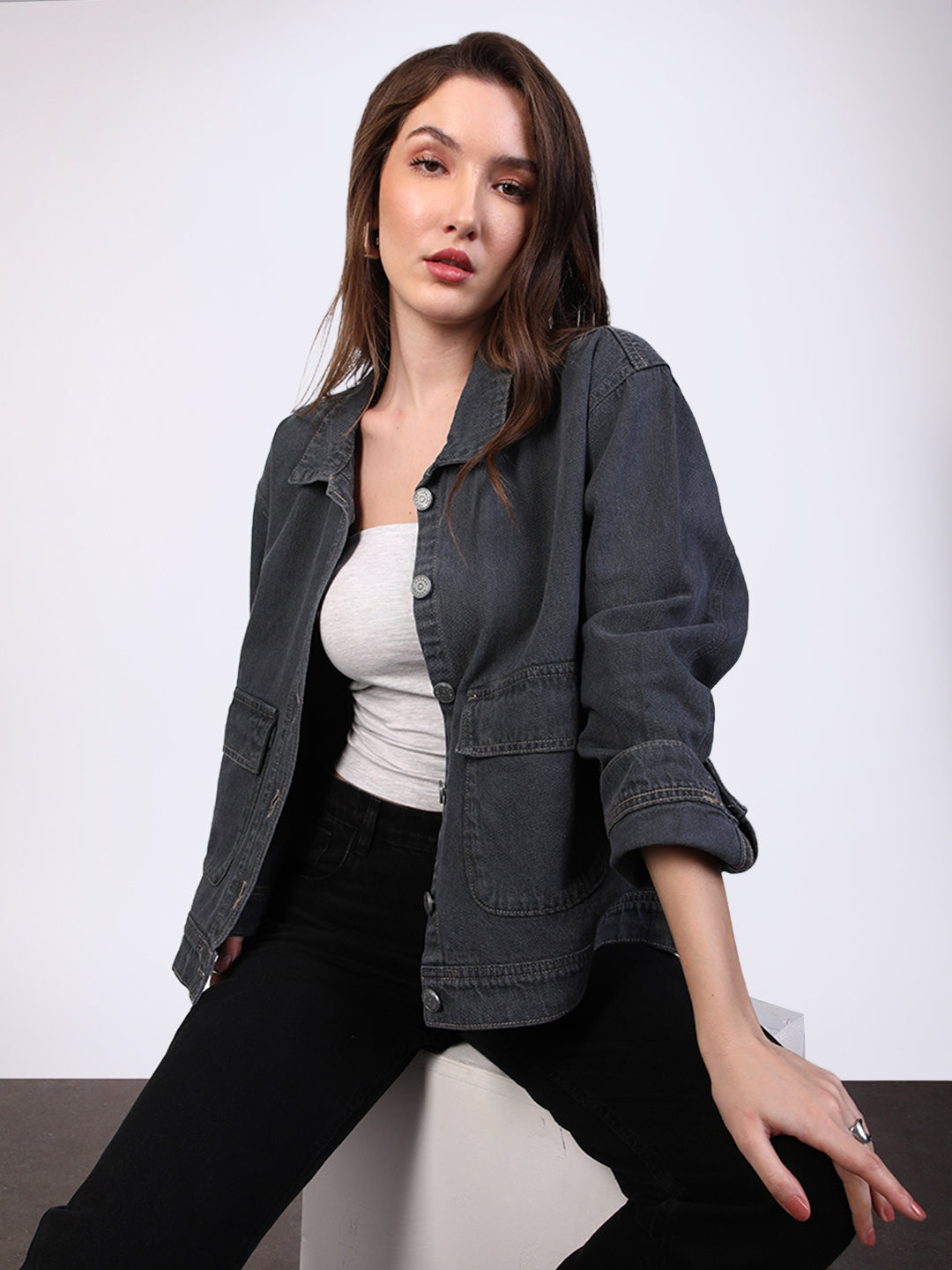Women's Grey Relaxed Fit Full Sleeve Utility Denim Jacket