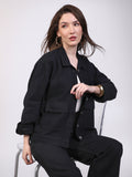 Women's Black Relaxed Fit Full Sleeve Utility Denim Jacket