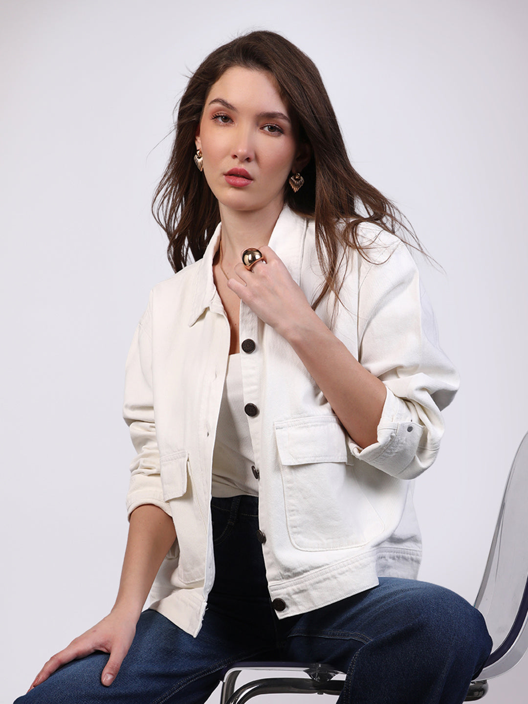 Women's White Relaxed Fit Full Sleeve Utility Denim Jacket