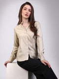 Women's Beige Modal Viscose Full Sleeve Regular Fit Casual Solid Shirt with Mandarin Collar