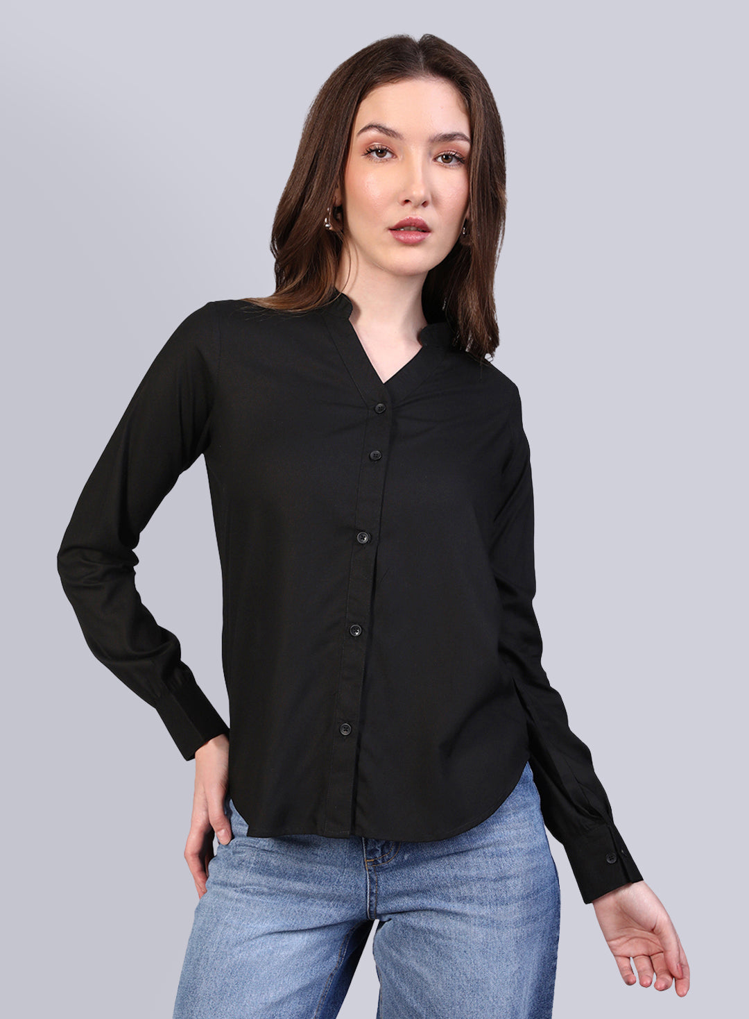 Women's Black Modal Viscose Full Sleeve Regular Fit Casual Solid Shirt with Mandarin Collar