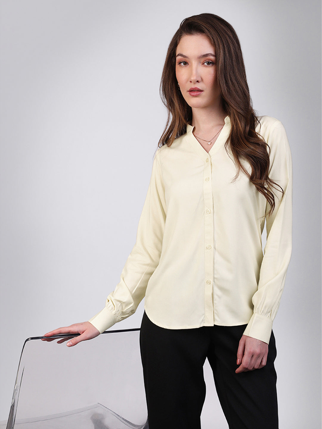 Women's Butter Modal Viscose Full Sleeve Regular Fit Casual Solid Shirt with Mandarin Collar