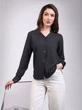 Women's Dark Grey Modal Viscose Full Sleeve Regular Fit Casual Solid Shirt with Mandarin Collar