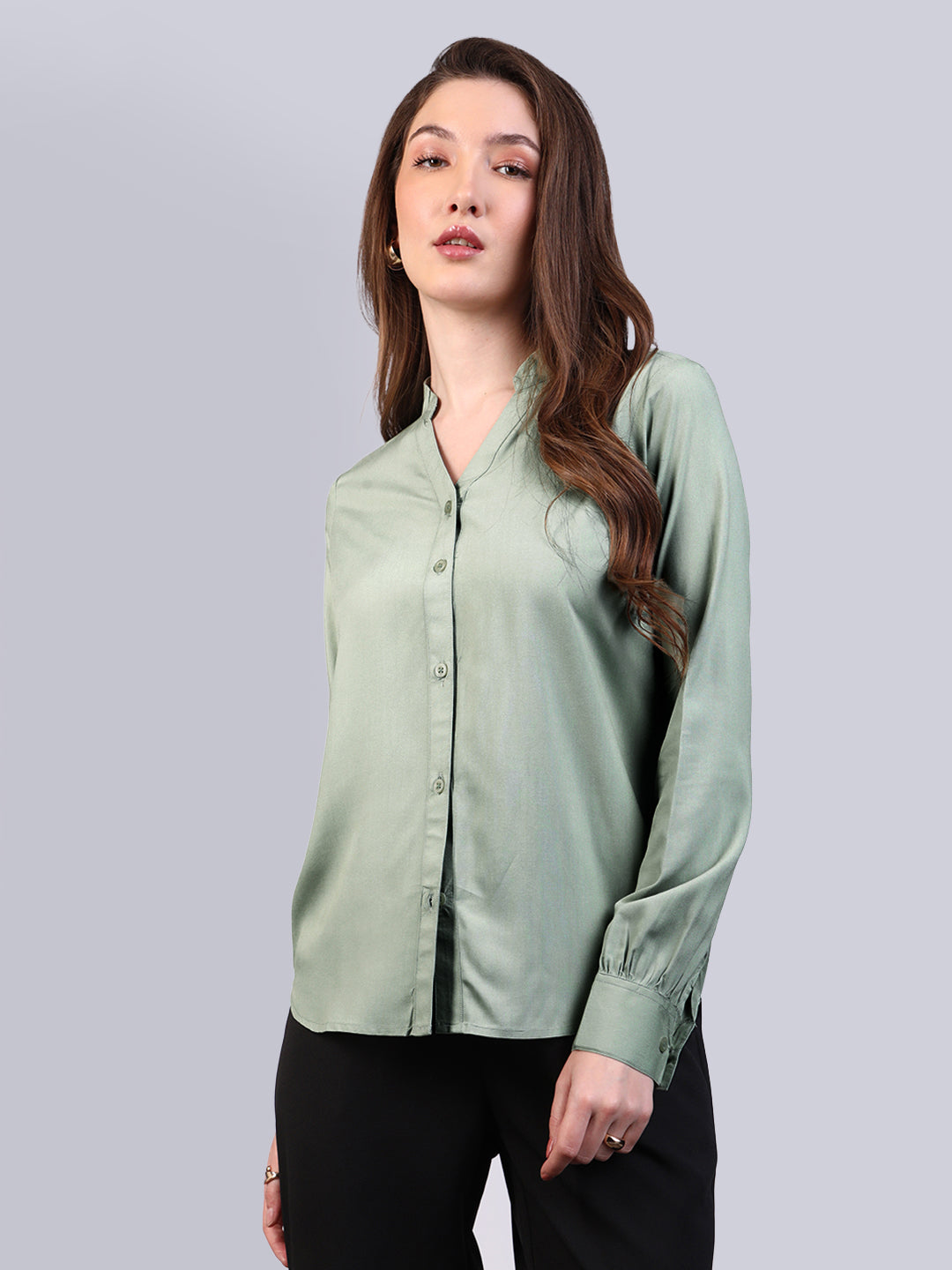 Women's Dusty Green Modal Viscose Full Sleeve Regular Fit Casual Solid Shirt with Mandarin Collar