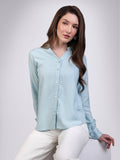 Women's Light Sky Blue Modal Viscose Full Sleeve Regular Fit Casual Solid Shirt with Mandarin Collar