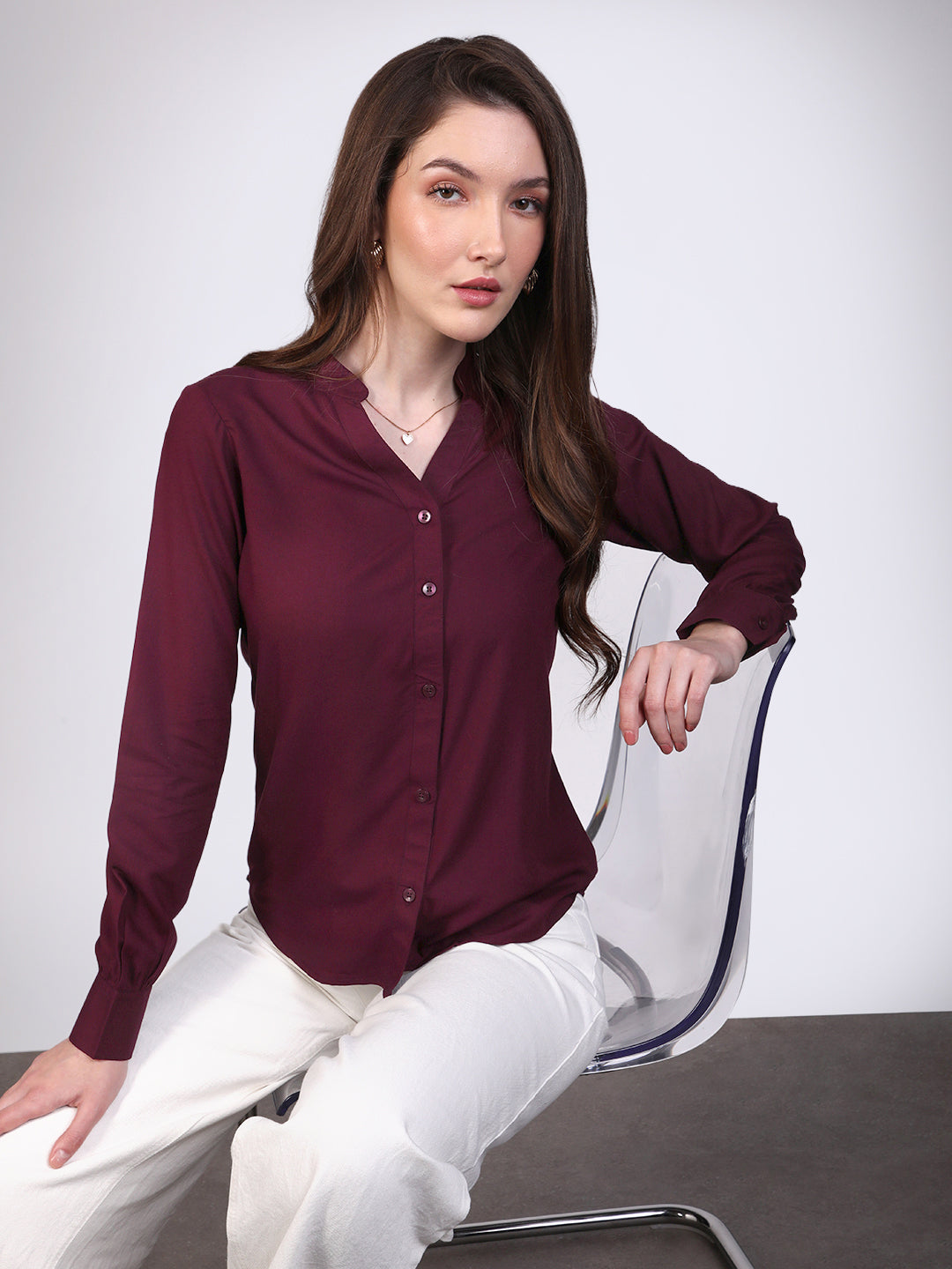 Women's Maroon Modal Viscose Full Sleeve Regular Fit Casual Solid Shirt with Mandarin Collar