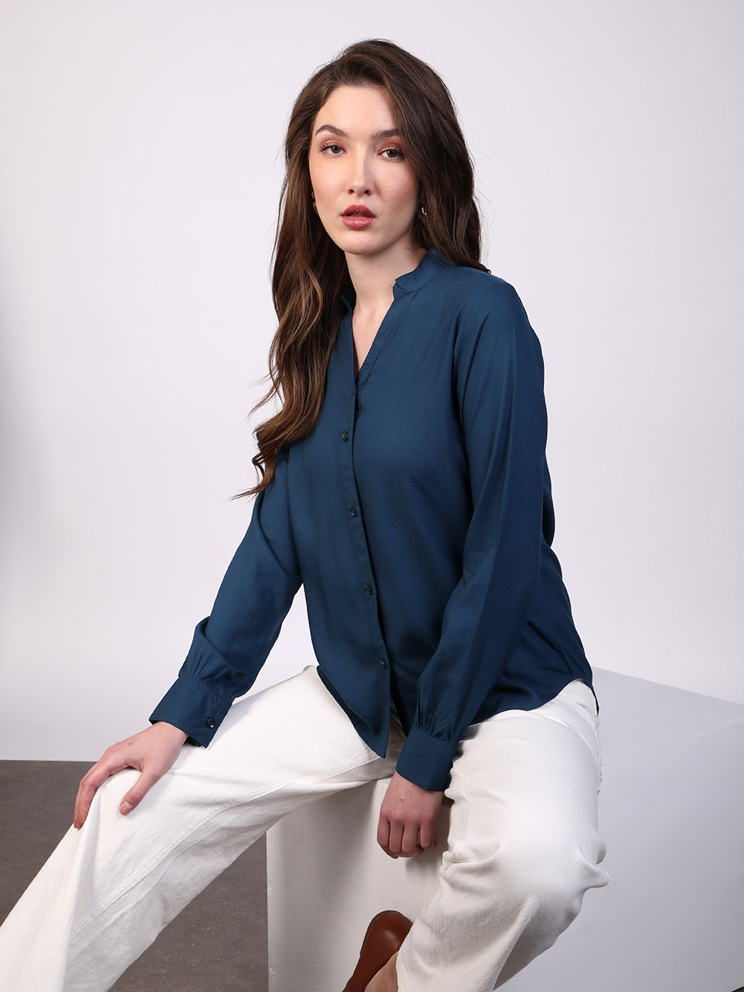 Women's Midnight Blue Modal Viscose Full Sleeve Regular Fit Casual Solid Shirt with Mandarin Collar