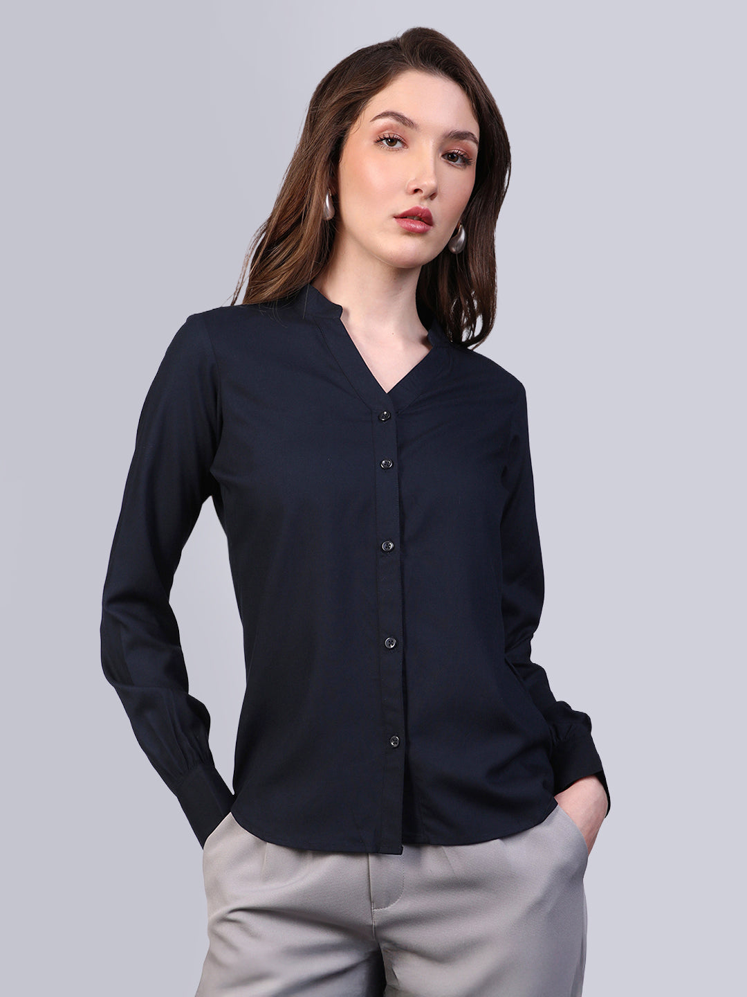 Women's Navy Modal Viscose Full Sleeve Regular Fit Casual Solid Shirt with Mandarin Collar