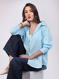 Women's Light Blue Cotton Full Sleeve Oversized Fit Casual Solid Slub Shirt with Spread Collar