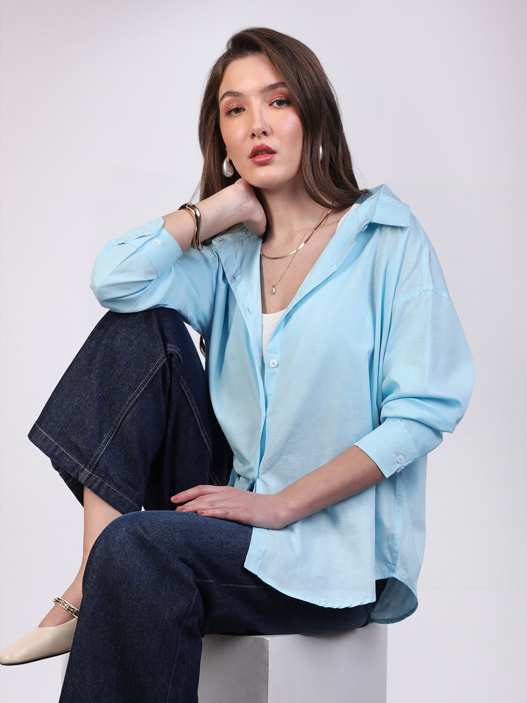 Women's Light Blue Cotton Full Sleeve Oversized Fit Casual Solid Slub Shirt with Spread Collar