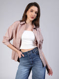 Women's Tan Cotton Full Sleeve Oversized Fit Casual Striped Shirt with Spread Collar